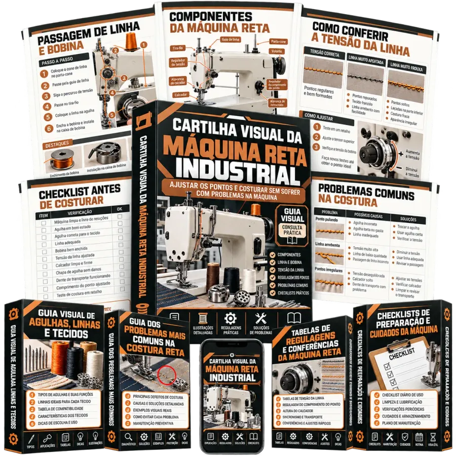 Kit completo: Cartilha Visual da Máquina Reta Industrial + 4 bônus exclusivos